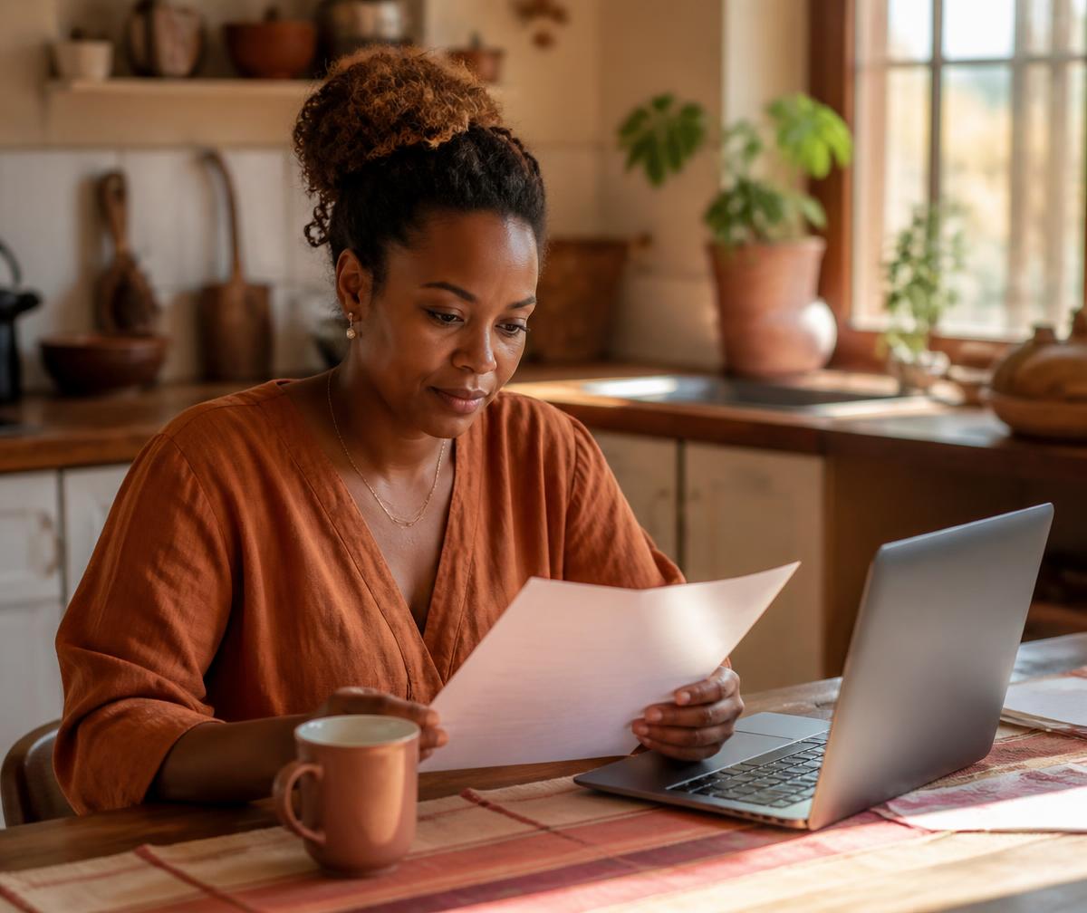 A woman at her kitchen table reading a hospital account, working out what her medical aid did not cover