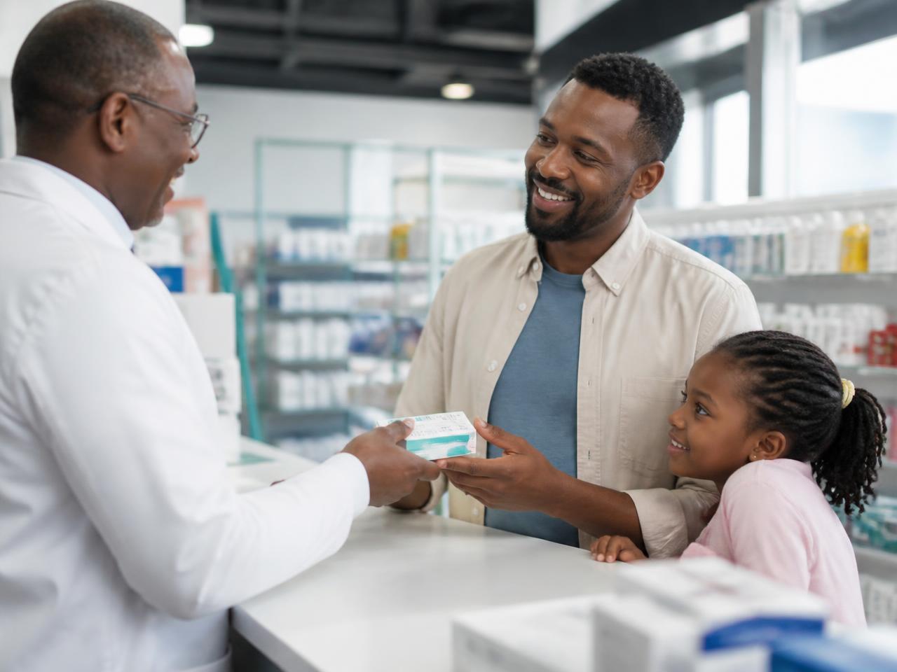 A parent and child choosing medicine at a pharmacy